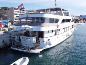 a white boat in the water