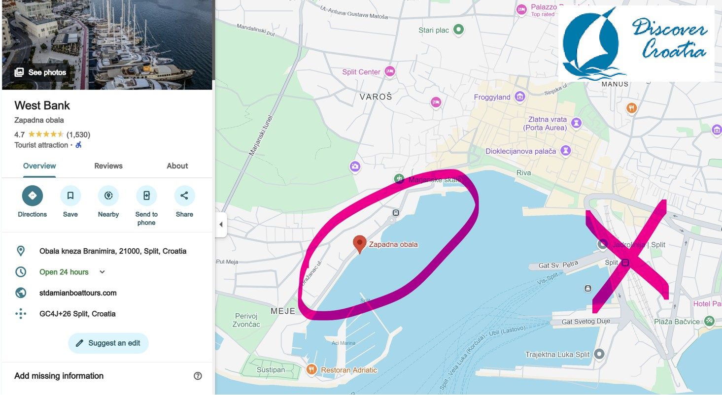 Split Old Town and Cruise Port Area Map for West Bank Port