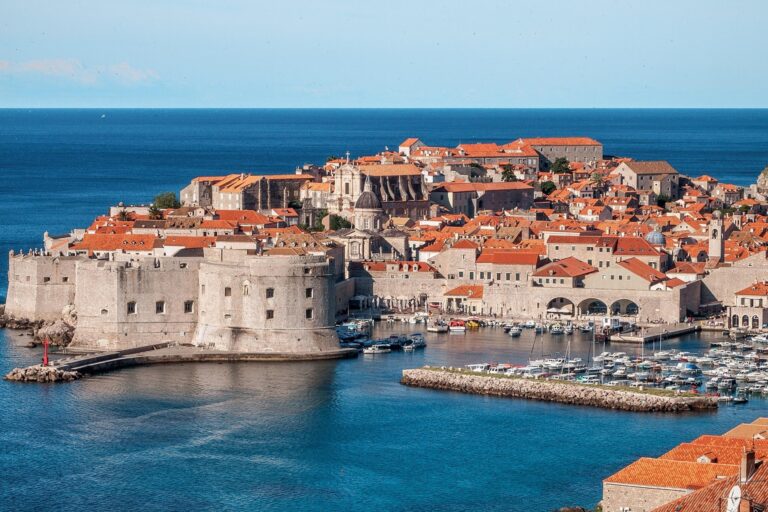 Distant view of Dubrovnik Old Town port and coastline
