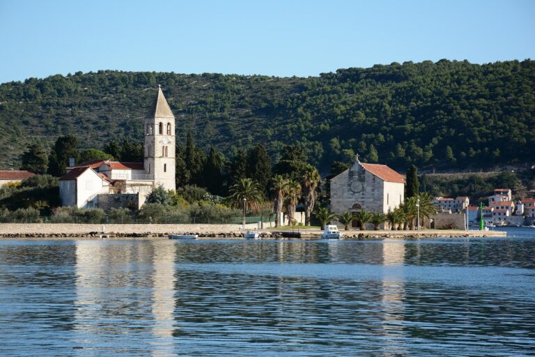 Church and waterfront buildings in Vis town