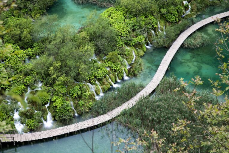 Wooden walkway over lakes in Plitvice Lakes National Park