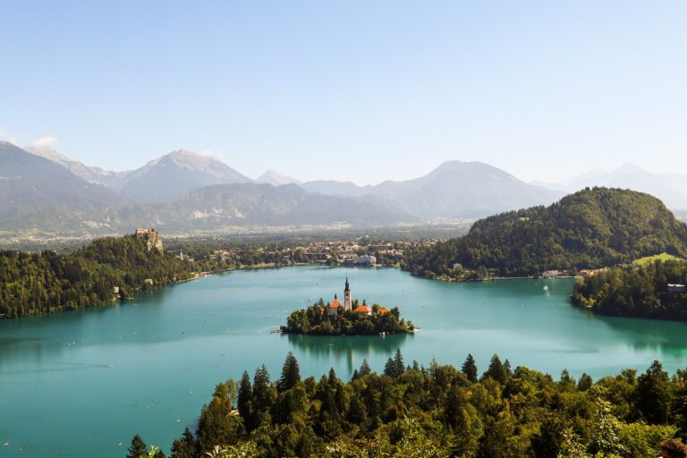 Lake Bled with its island church and surrounding mountains in Slovenia