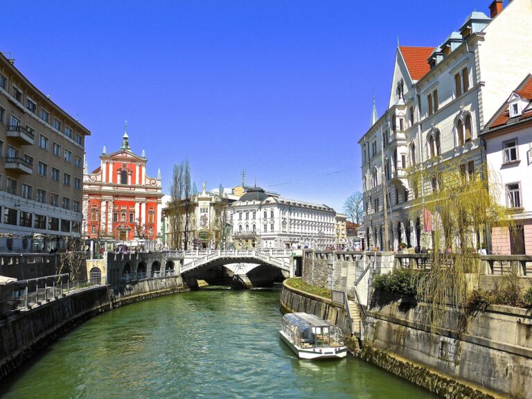 Canal and waterfront buildings in central Ljubljana, Slovenia