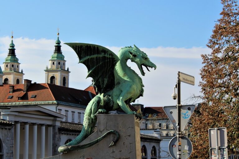 Dragon statue on Dragon Bridge in Ljubljana, Slovenia