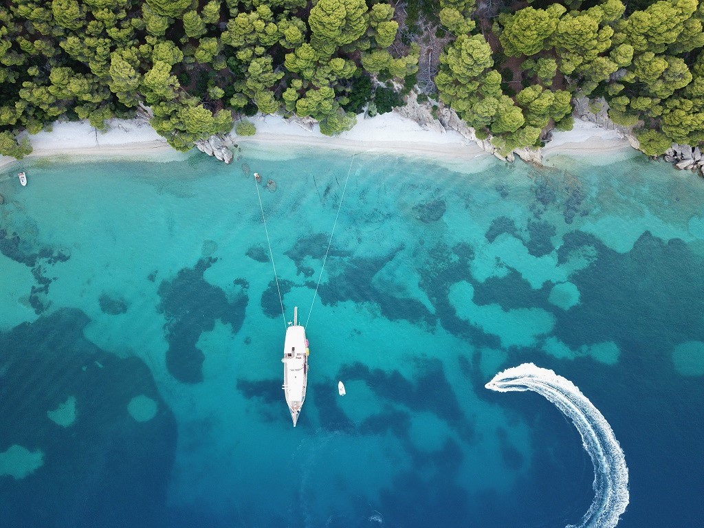 MS Erato at anchor seen from above