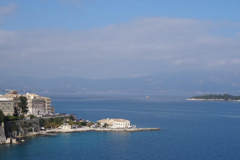 Corfu Town waterfront and fortress viewed from the sea, Greece