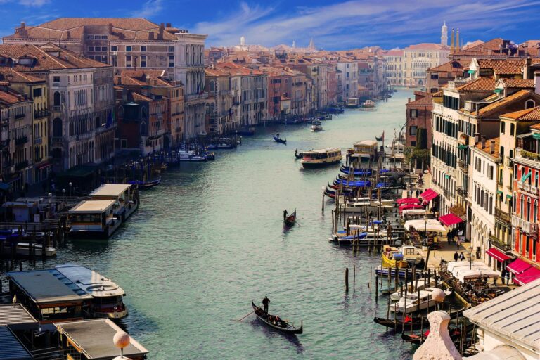 Gondolas and palazzos along the Grand Canal in Venice, Italy